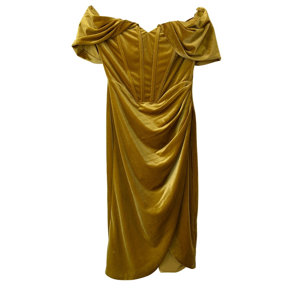 Miss Circle Omaria Gold Velvet Off Shoulder Corset Midi Dress NWT - Picture 2 of 9